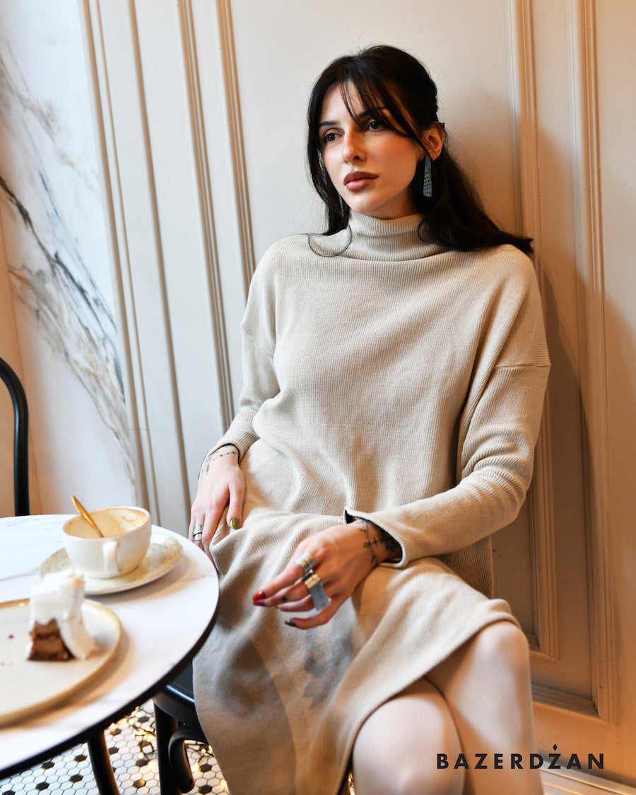 Knitted Zipper Tunic - Beige