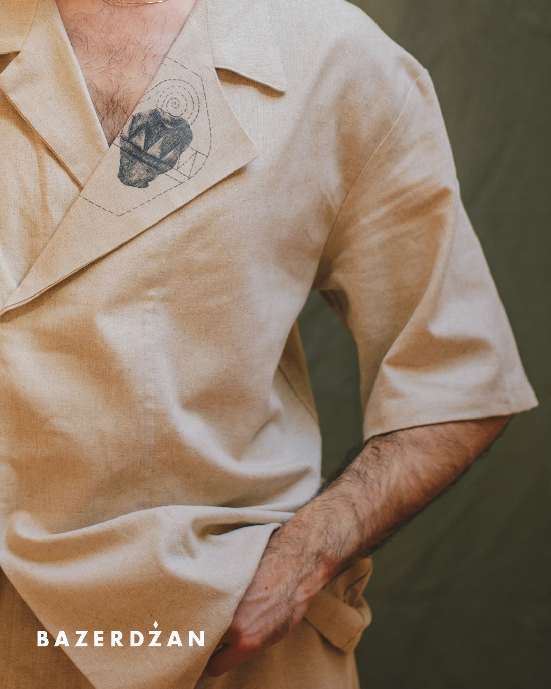 Linen Blouse "Butmir One" with printed motif by Kemil Bekteši x Bazerdžan - beige