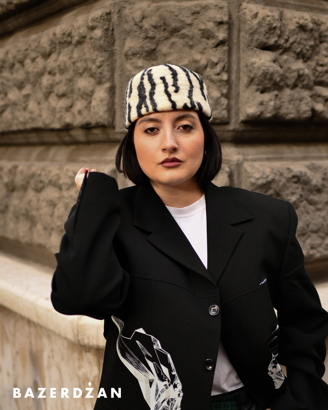 Zebra inspired felted woolen hat