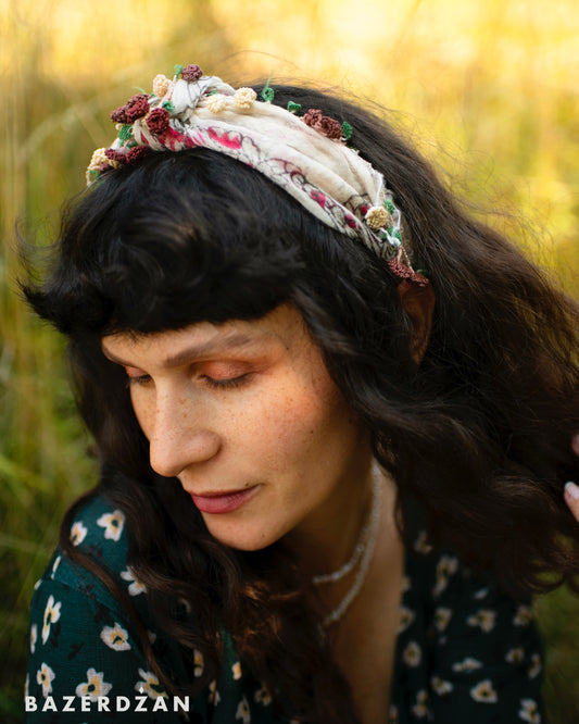 Upcycled grandma’s scarf headband
