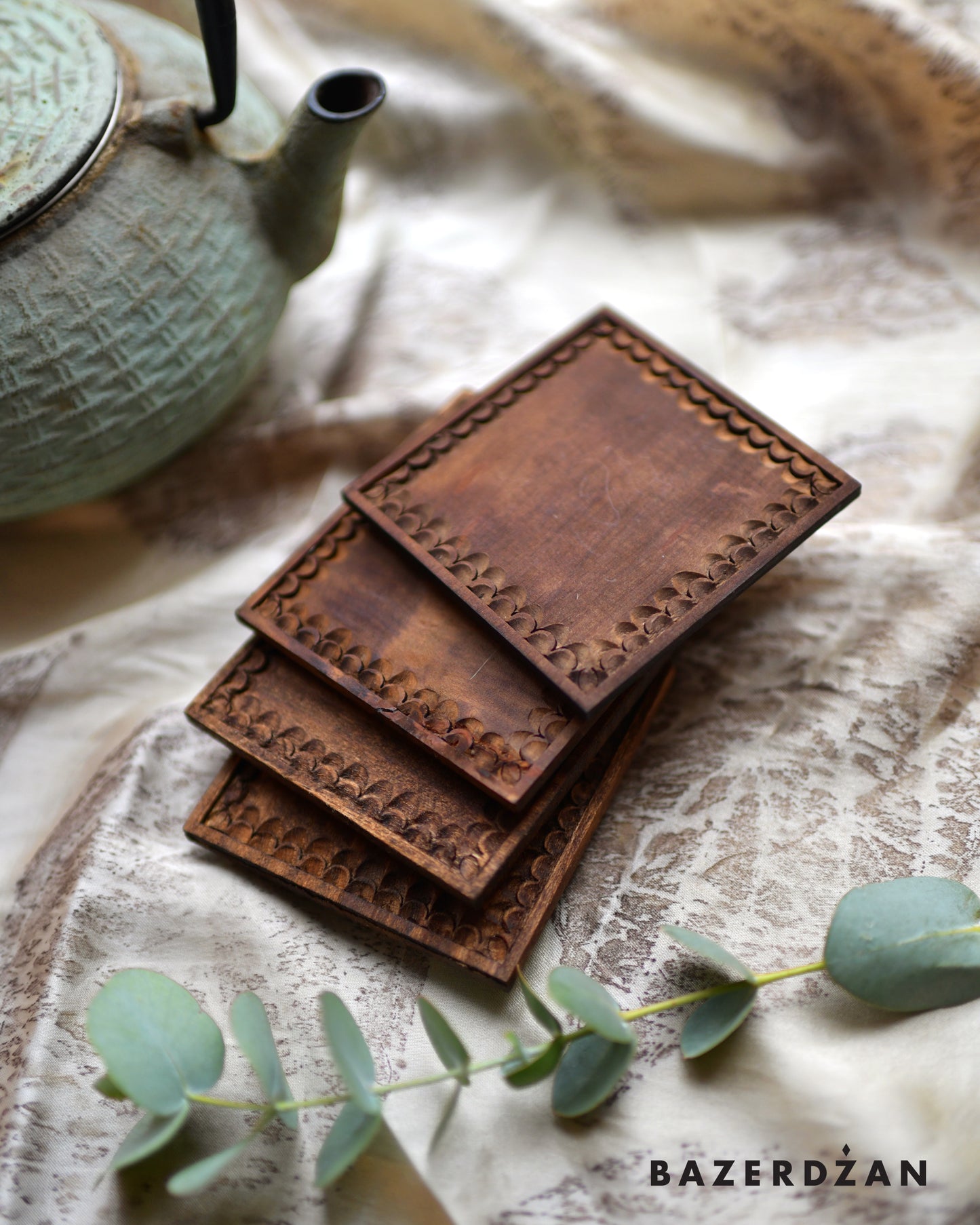 Hand Carved Wooden Coasters Set