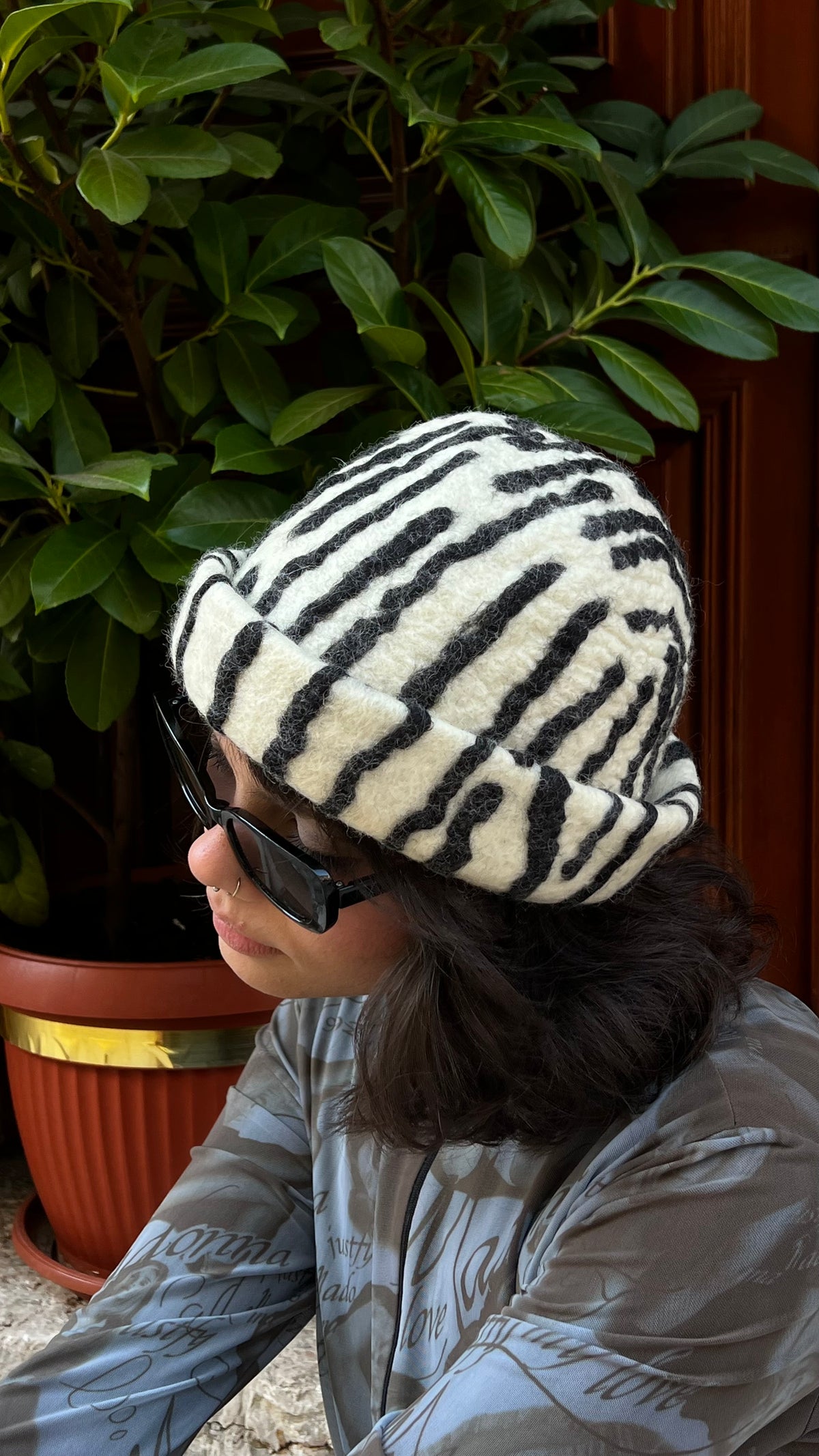 Zebra inspired felted woolen hat