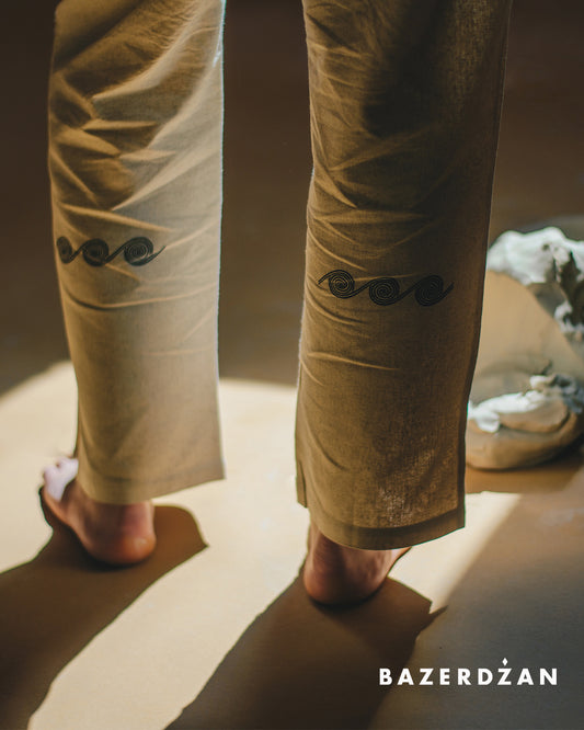 Linen Pants "Butmir One" with printed motif, by Kemil Bekteši x Bazerdžan - beige